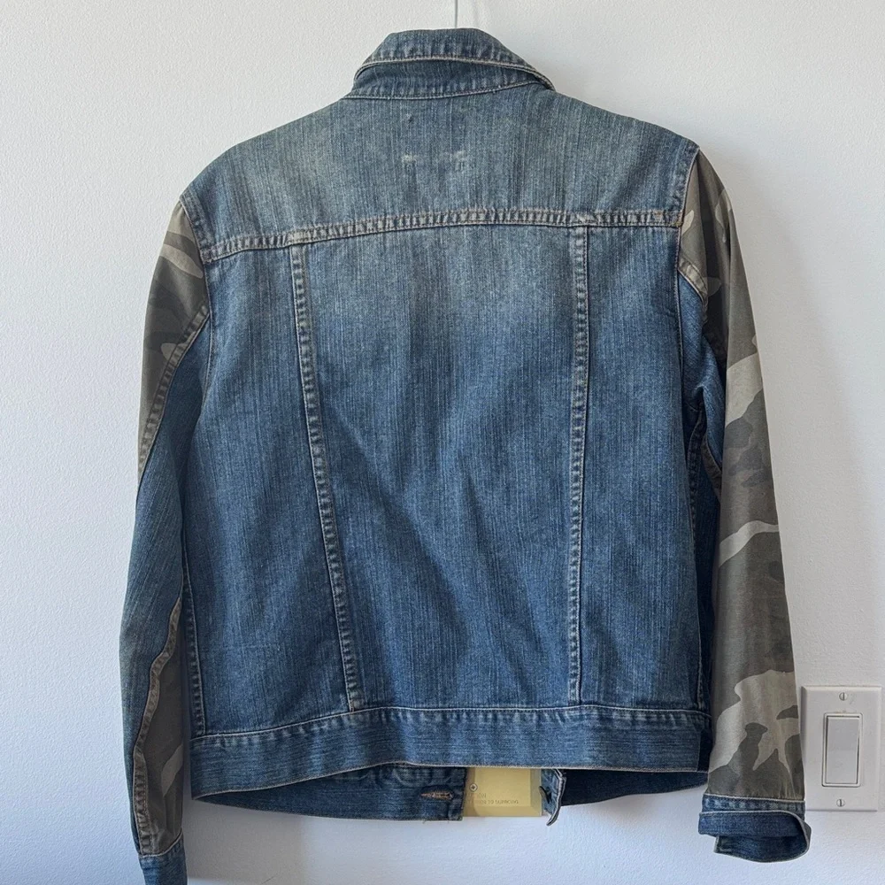 BDG Blue Denim Jacket with Camouflage Sleeves - Picture 3 of 3
